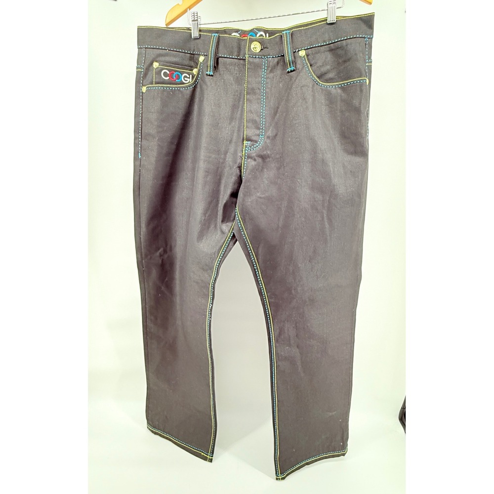 COOGI Embroidered Logo Black Denim Jeans Colorful Stitching Menswear Pants 42/35